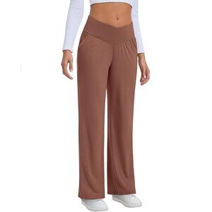 XL Women's Crossover Waist Wide Leg Flare Yoga Pants Lounge Mid Rise Taupe